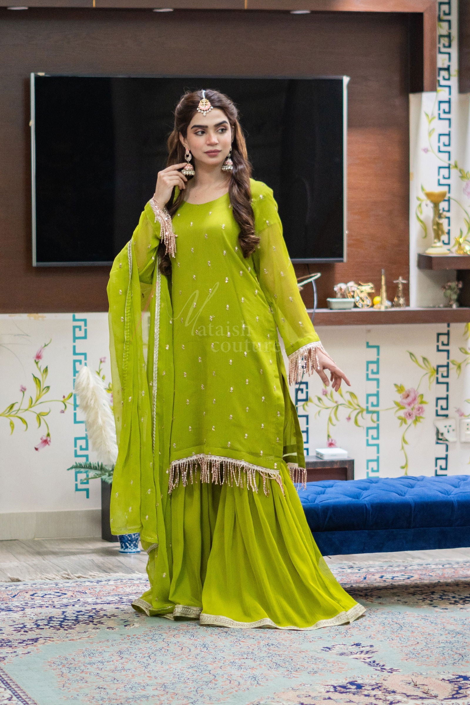 Parrot Green Embroidered Garara Parrot Green Embroidered Garara