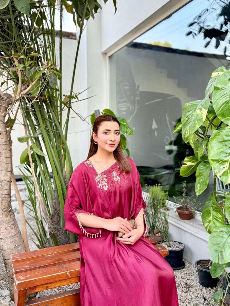 Luxury hand embroidered Zar Gul Kaftan by Mataish featuring intricate artisan floral embroidery