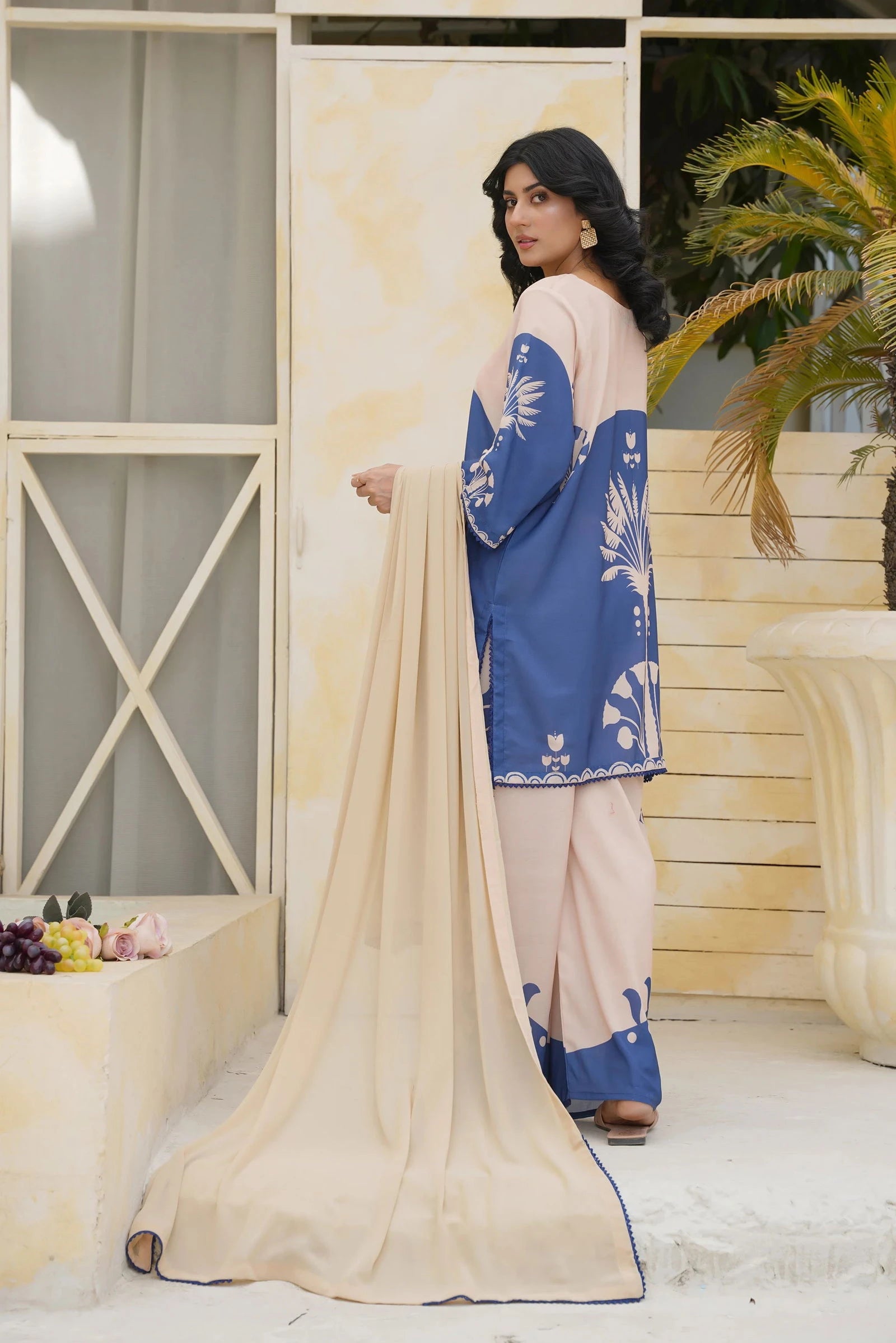 Beige Blue Printed Cord Set - Mataish