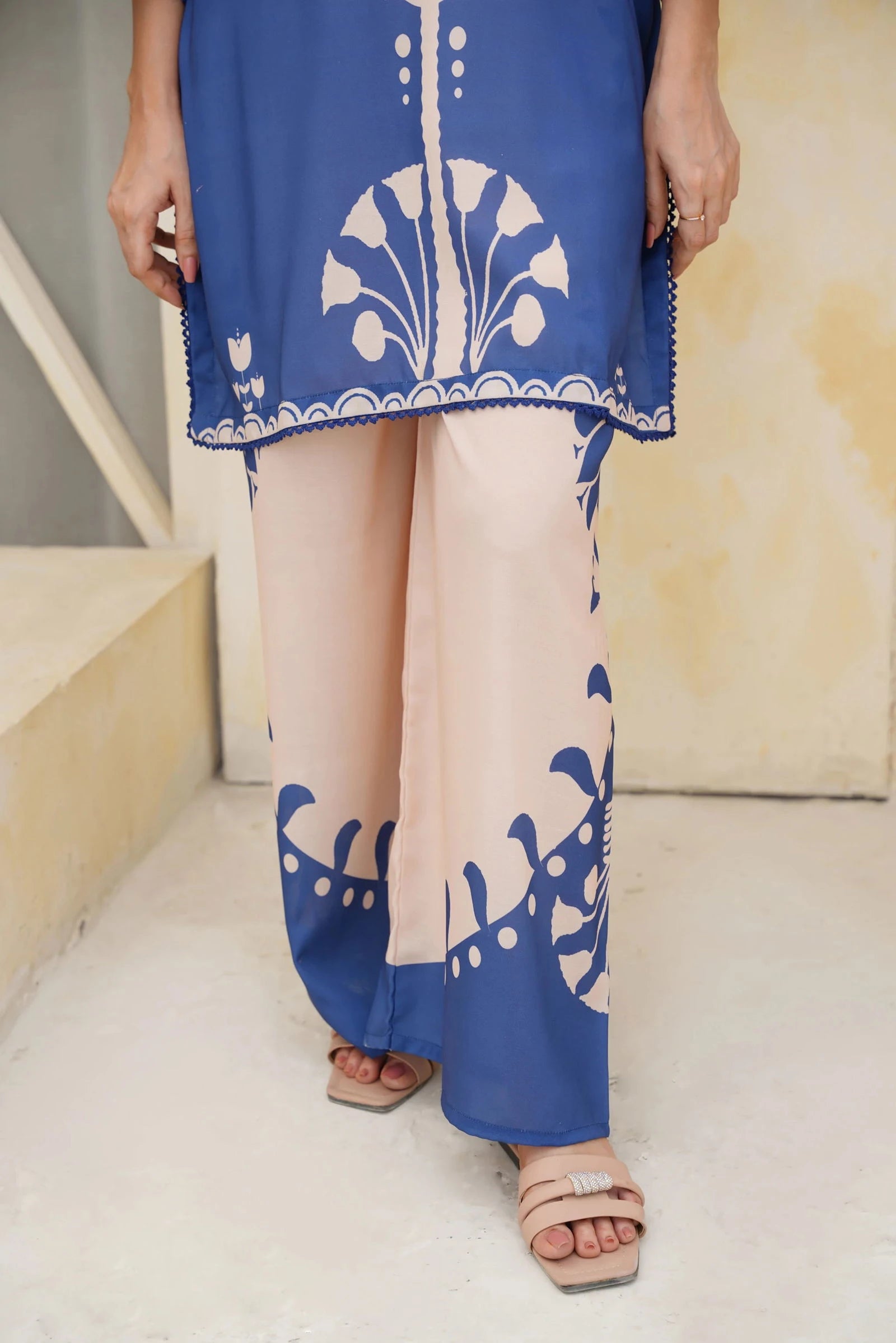 Beige Blue Printed Cord Set - Mataish