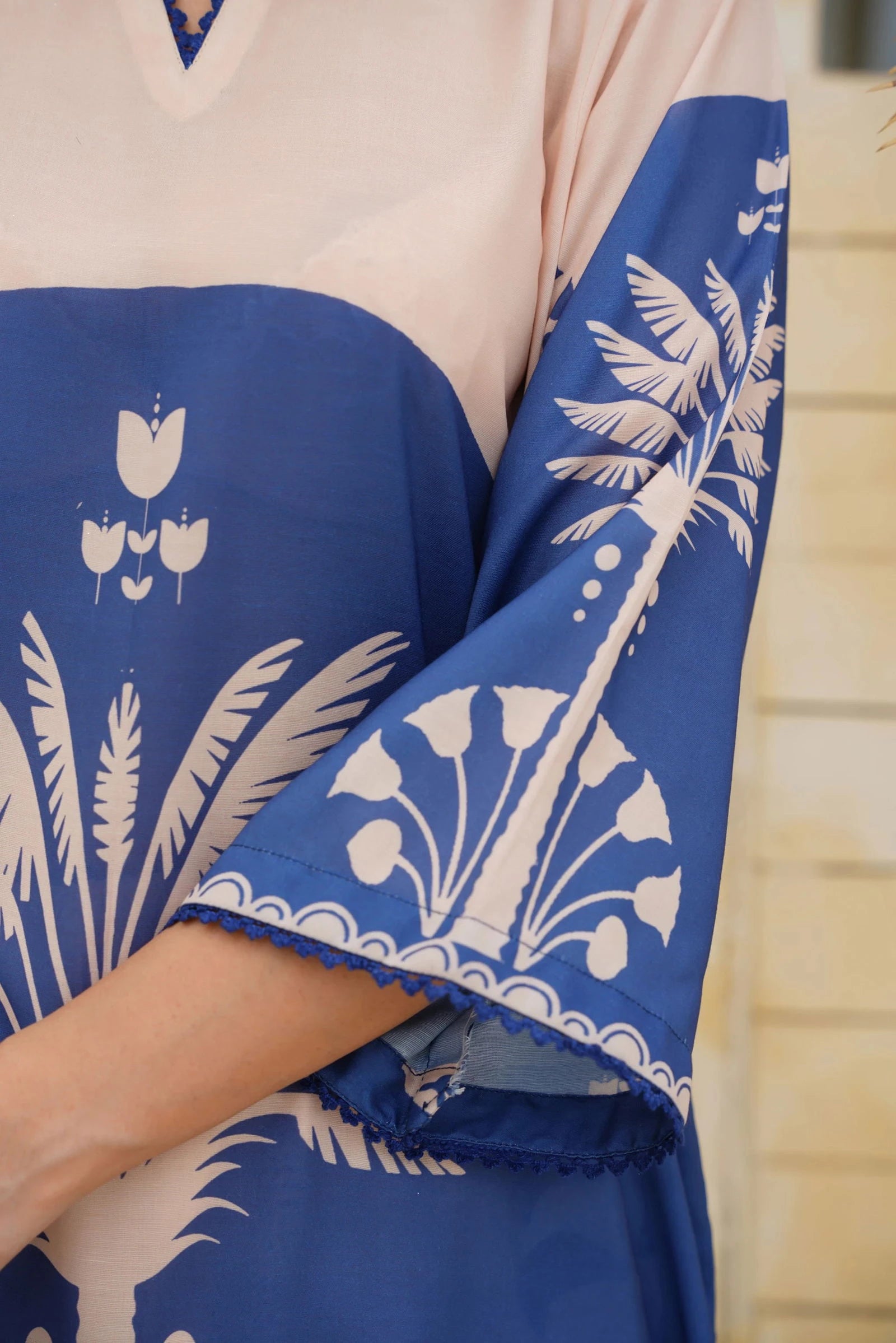 Beige Blue Printed Cord Set - Mataish