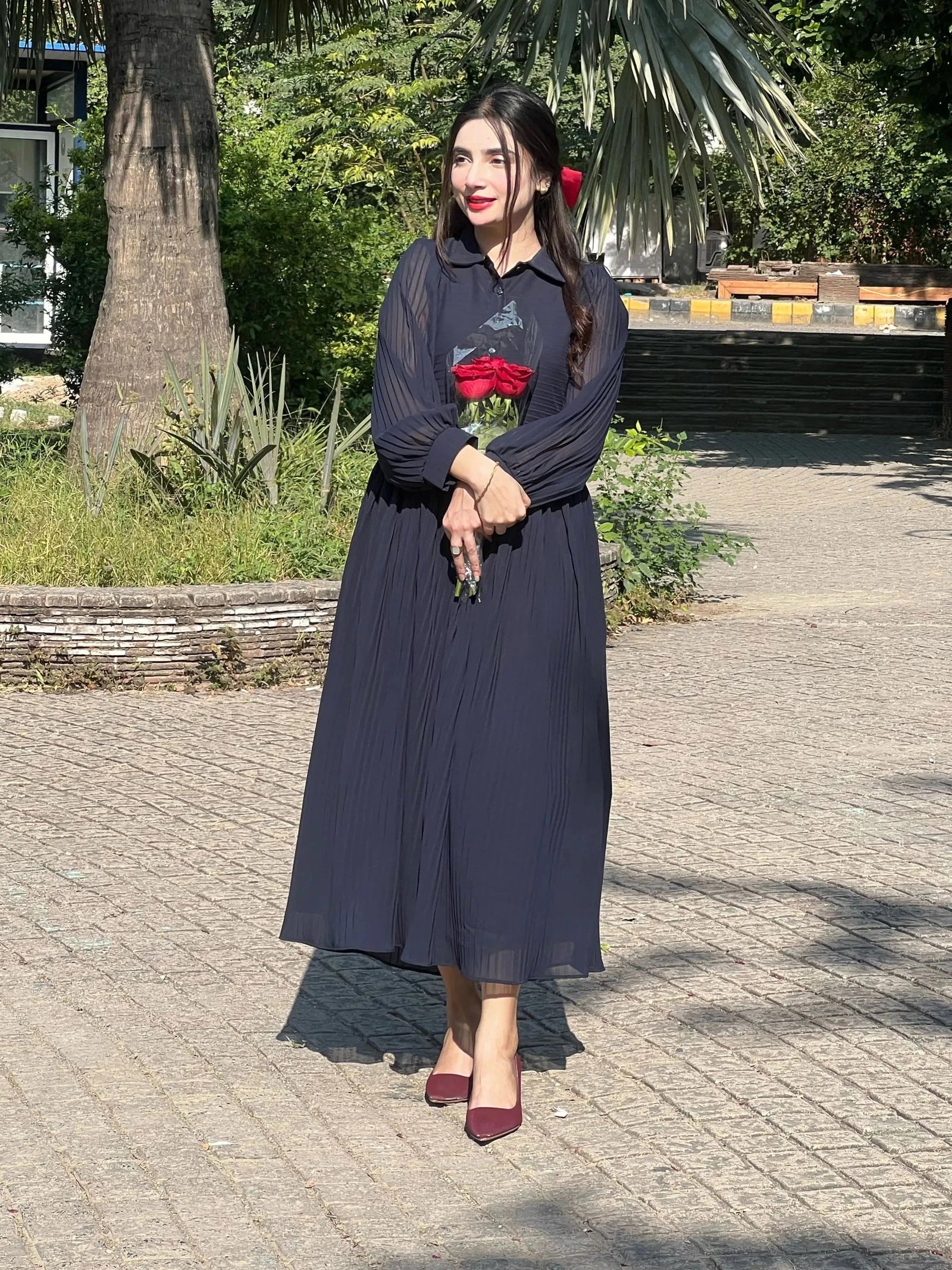 pleated dresses and embroidery Blue Pleated Dress – Mataish