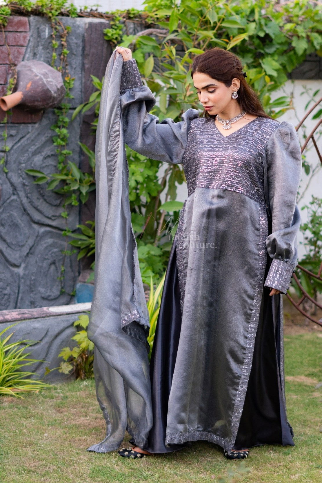 Grey Sequence Frock - Mataish