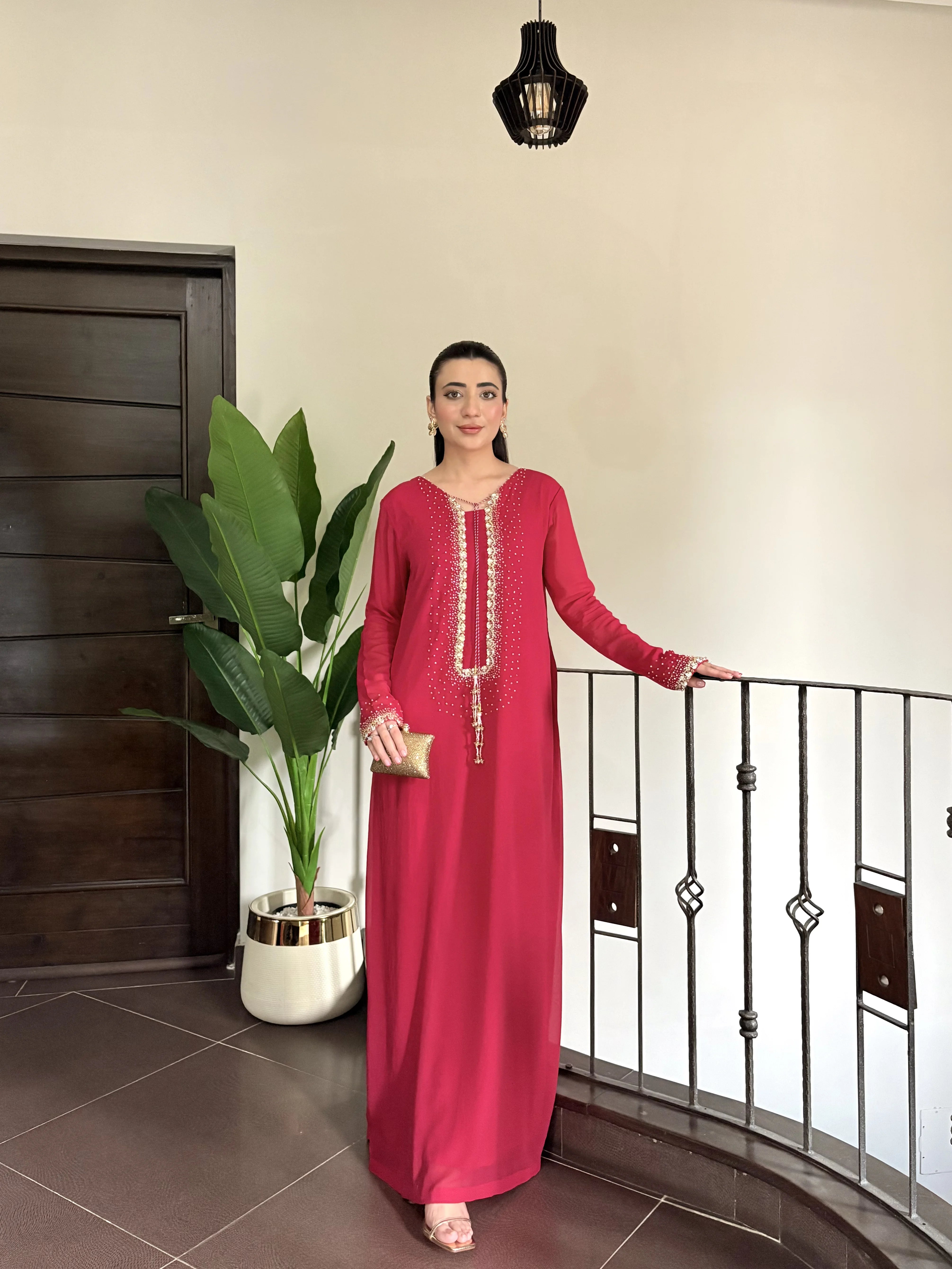 Hot Pink Handworked Cutdana & Pearl Long Shirt