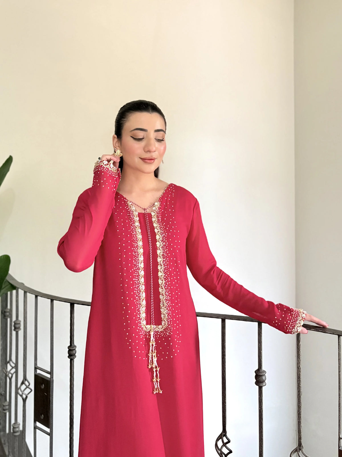 Hot Pink Handworked Cutdana & Pearl Long Shirt
