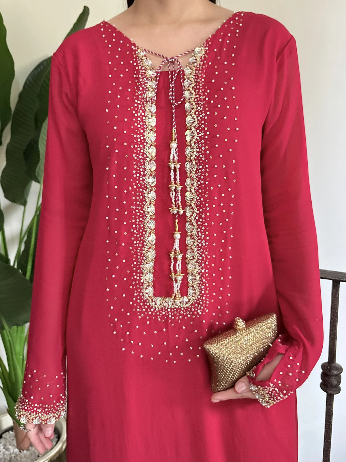 Hot Pink Handworked Cutdana & Pearl Long Shirt