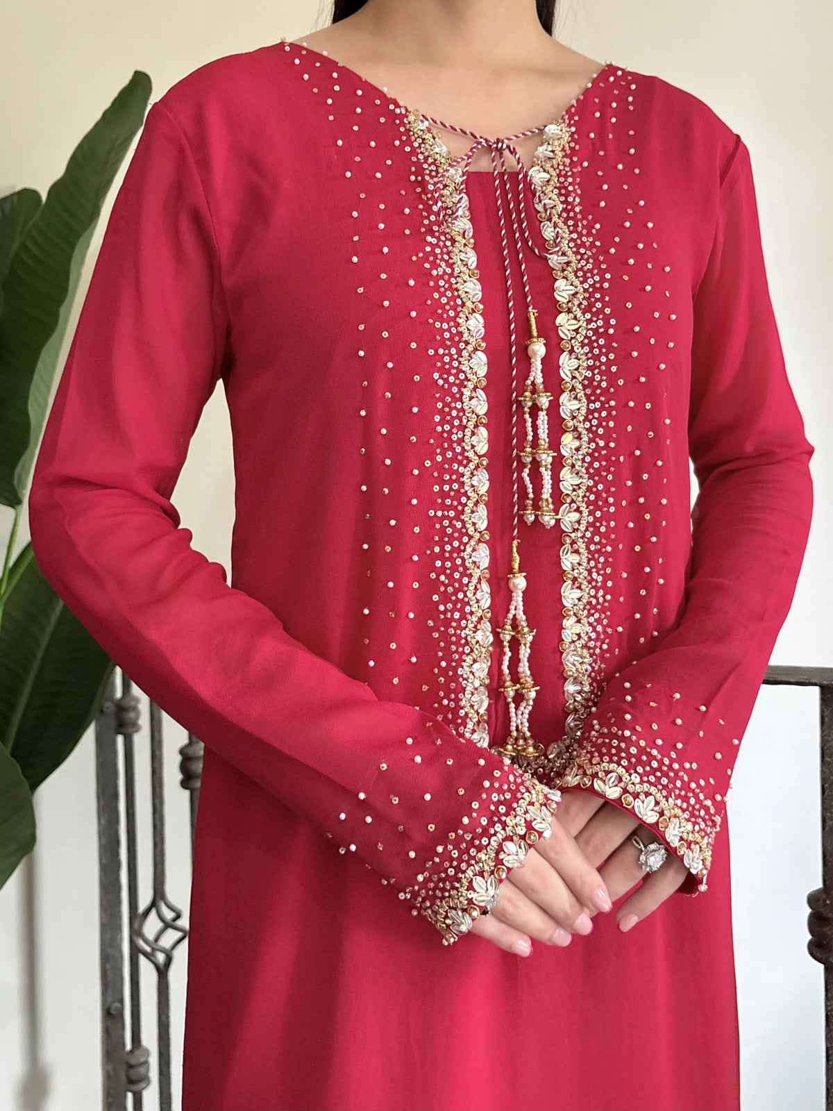 Hot Pink Handworked Cutdana & Pearl Long Shirt