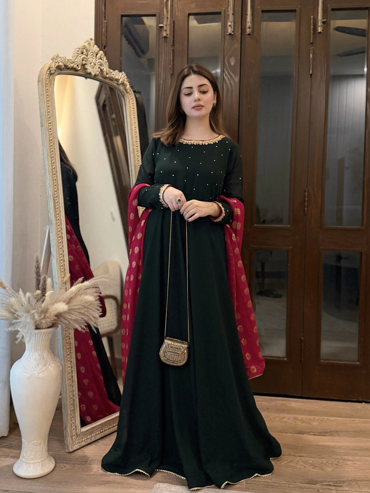 Forest Green Handworked Long Maxi
