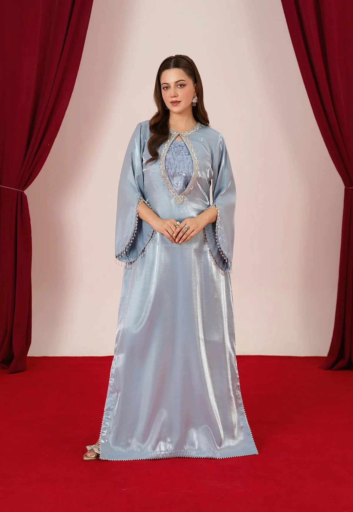 Ice Blue Glossy Silk Kaftan - Mataish
