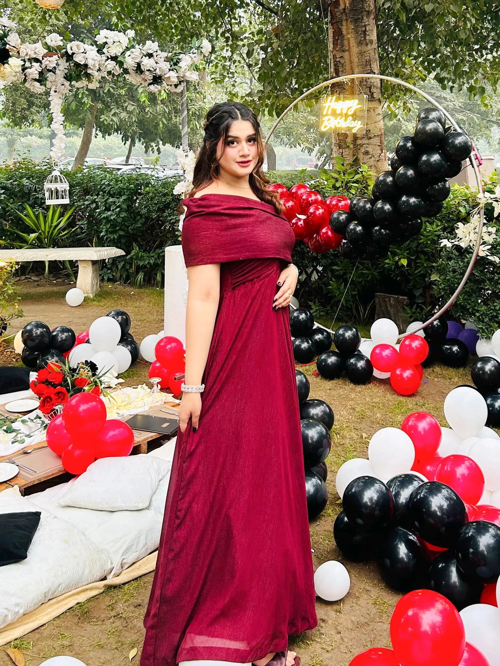 Maroon Off-Shoulder Gown - Mataish