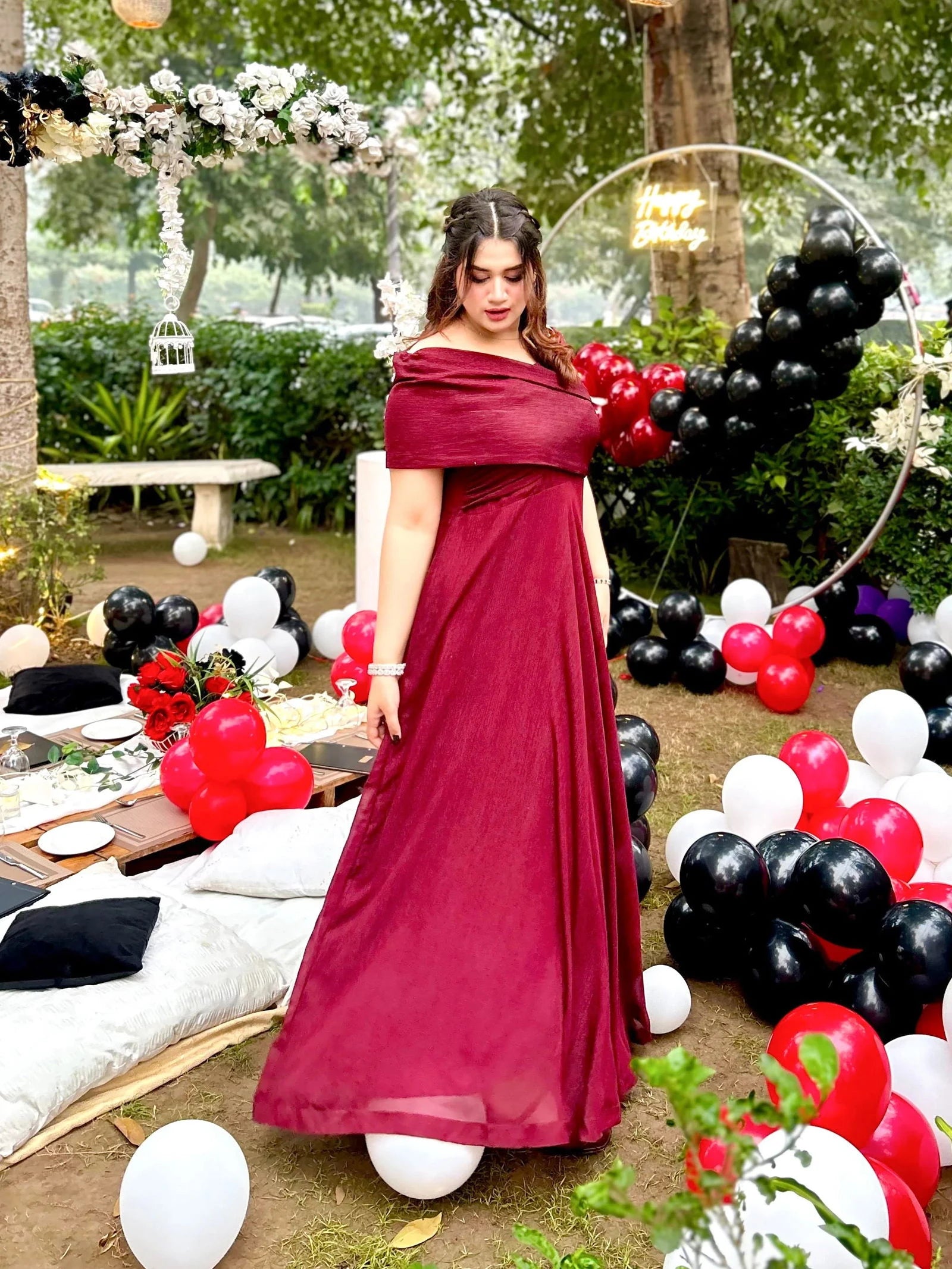 Maroon Off-Shoulder Gown - Mataish