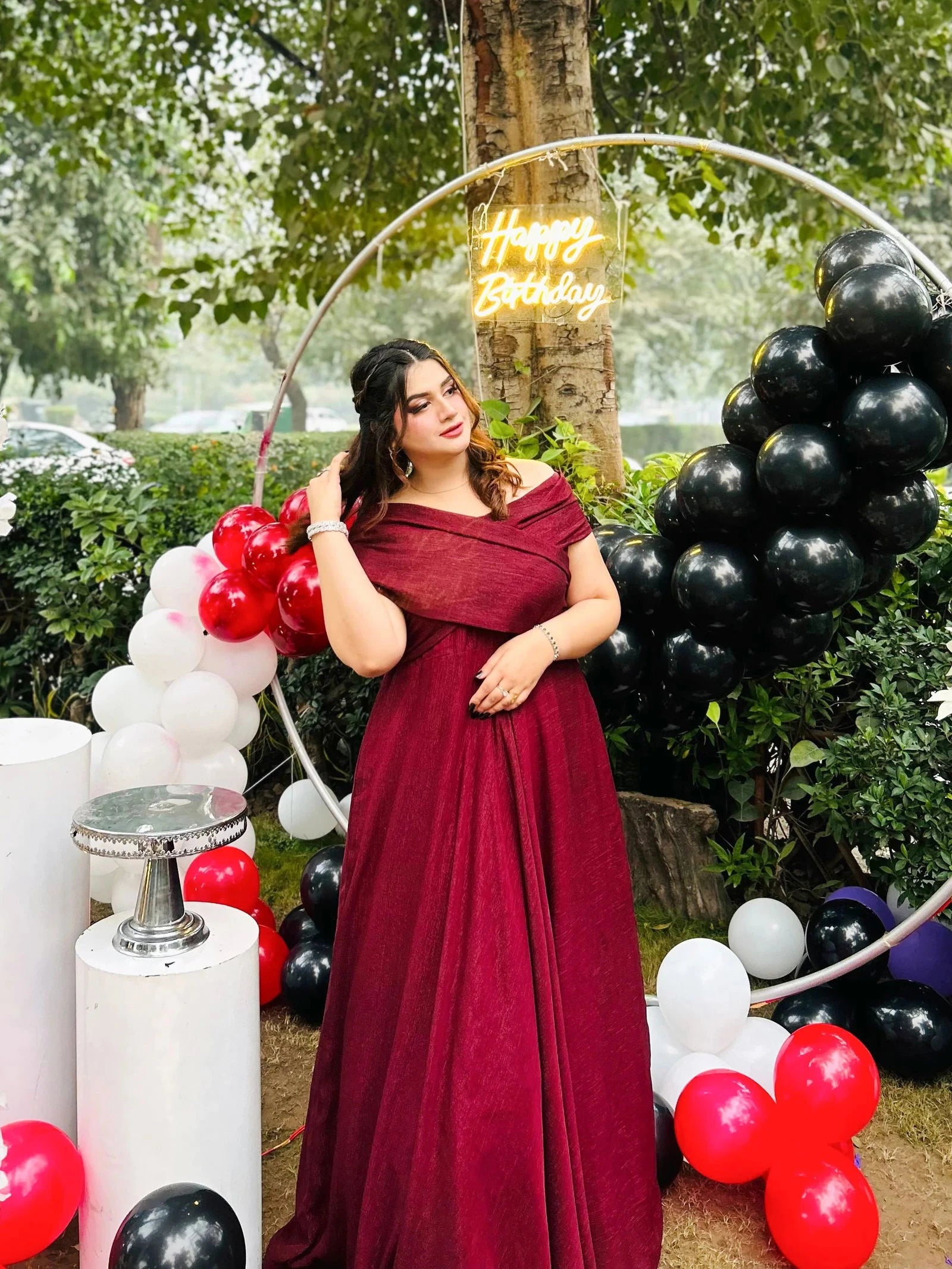 Maroon Off-Shoulder Gown - Mataish