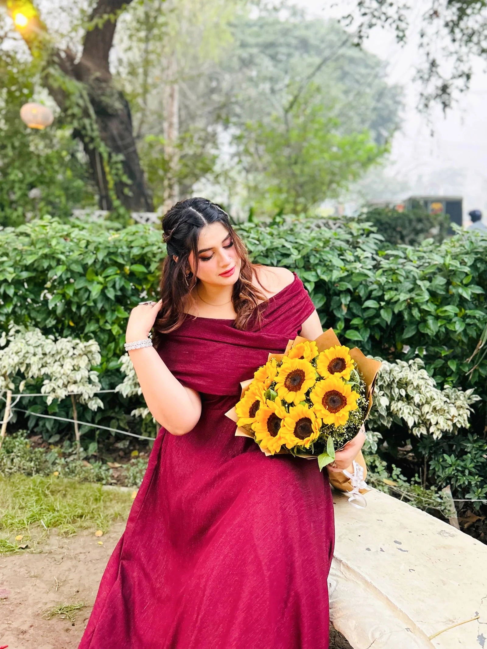 Maroon Off-Shoulder Gown - Mataish