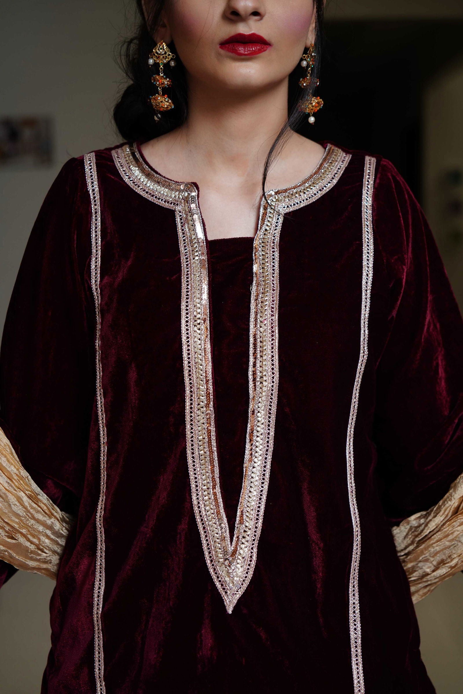 Maroon Velvet with pink lehanga - Mataish