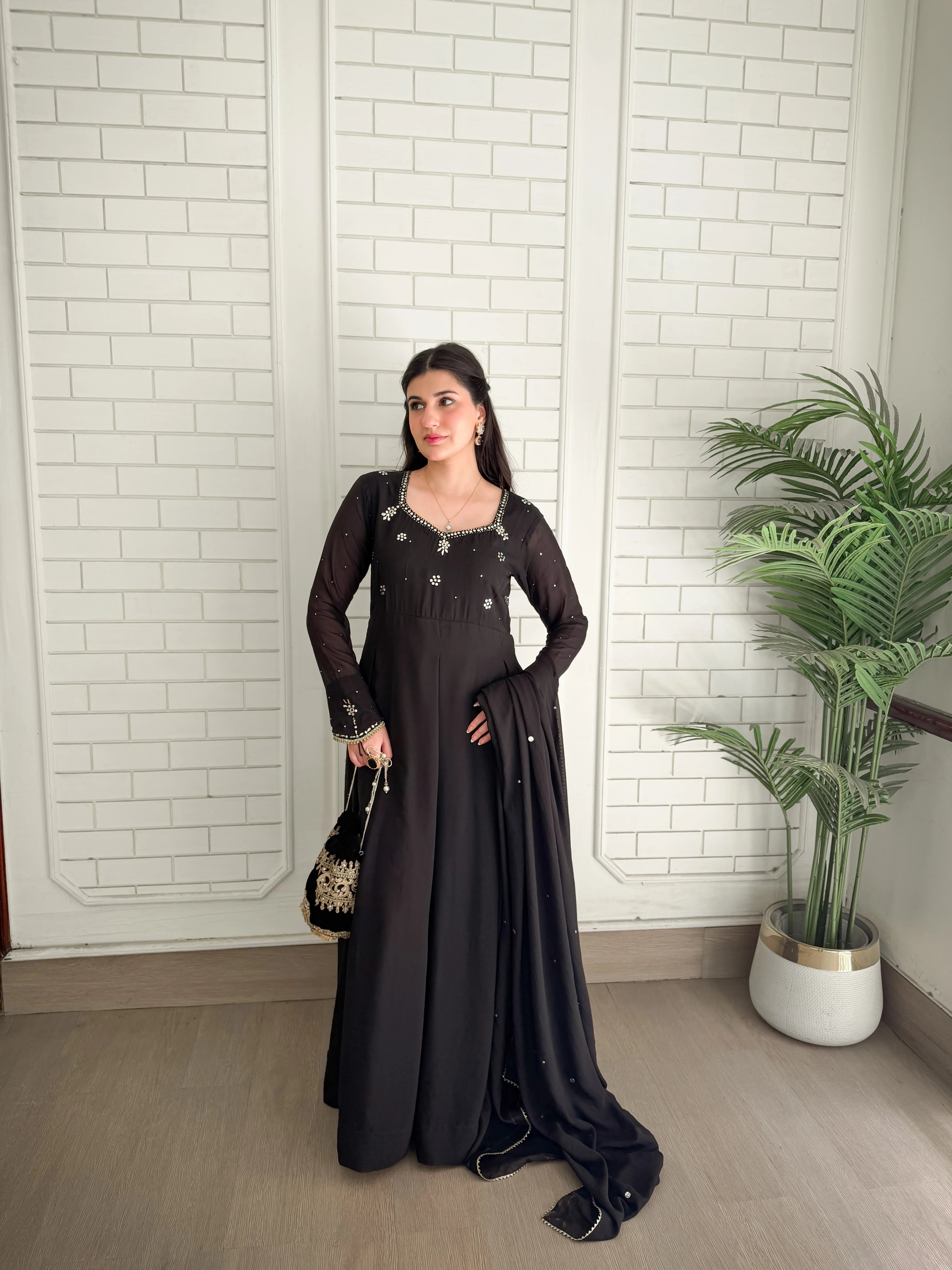 Midnight Mukesh black chiffon dress with hand Mukesh work and matching Mukesh dupatta – elegant 2 piece festive outfit