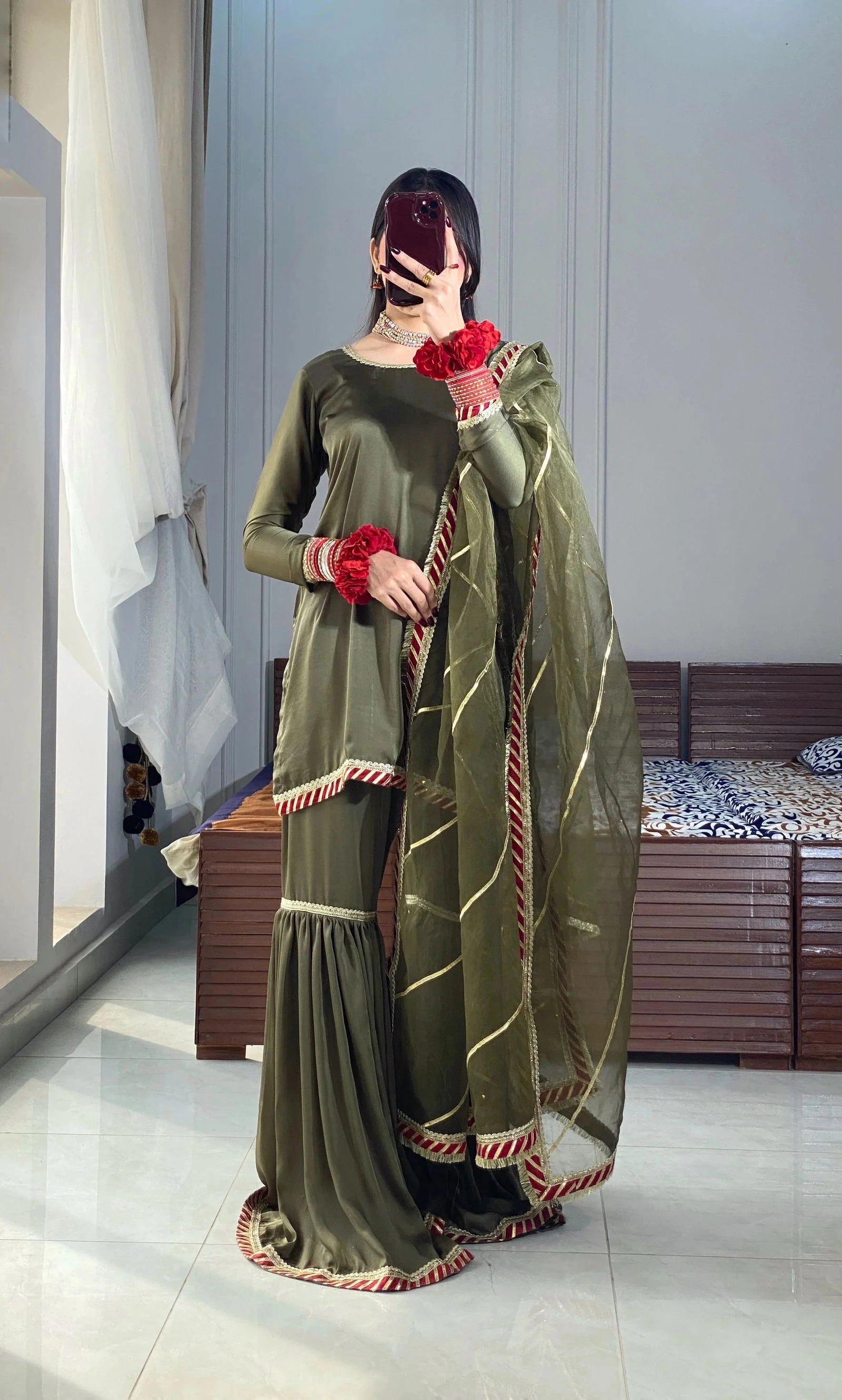 Olive Green Gharara - Mataish