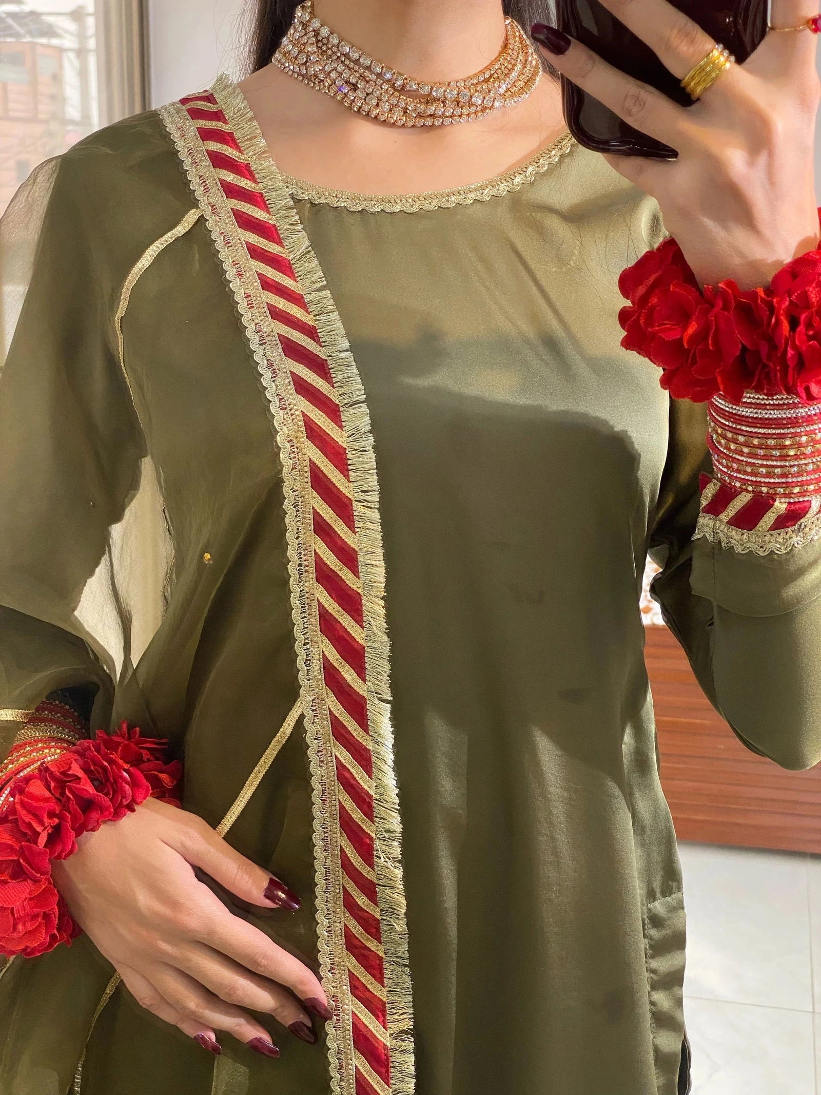 Olive Green Gharara - Mataish