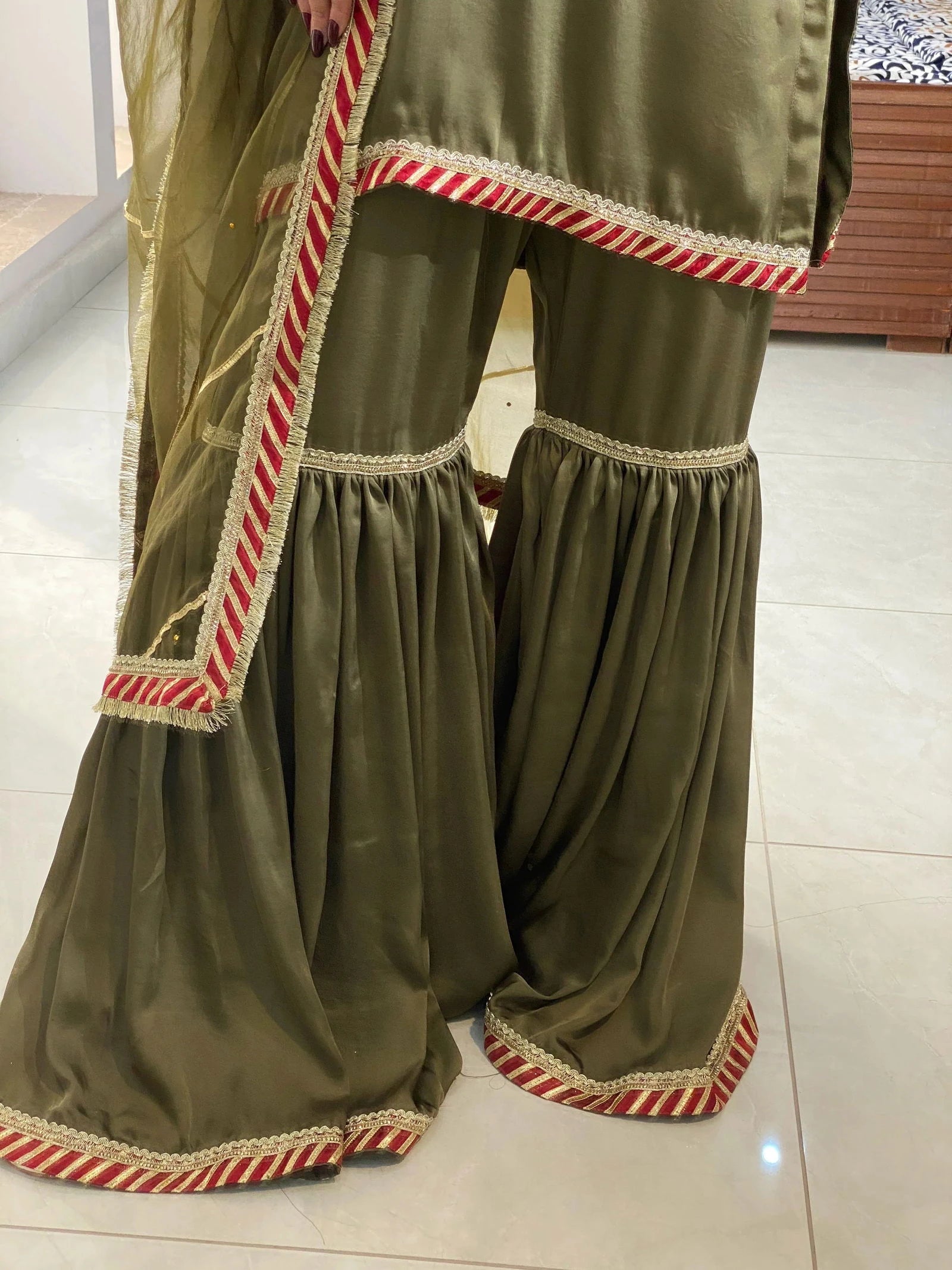 Olive Green Gharara - Mataish