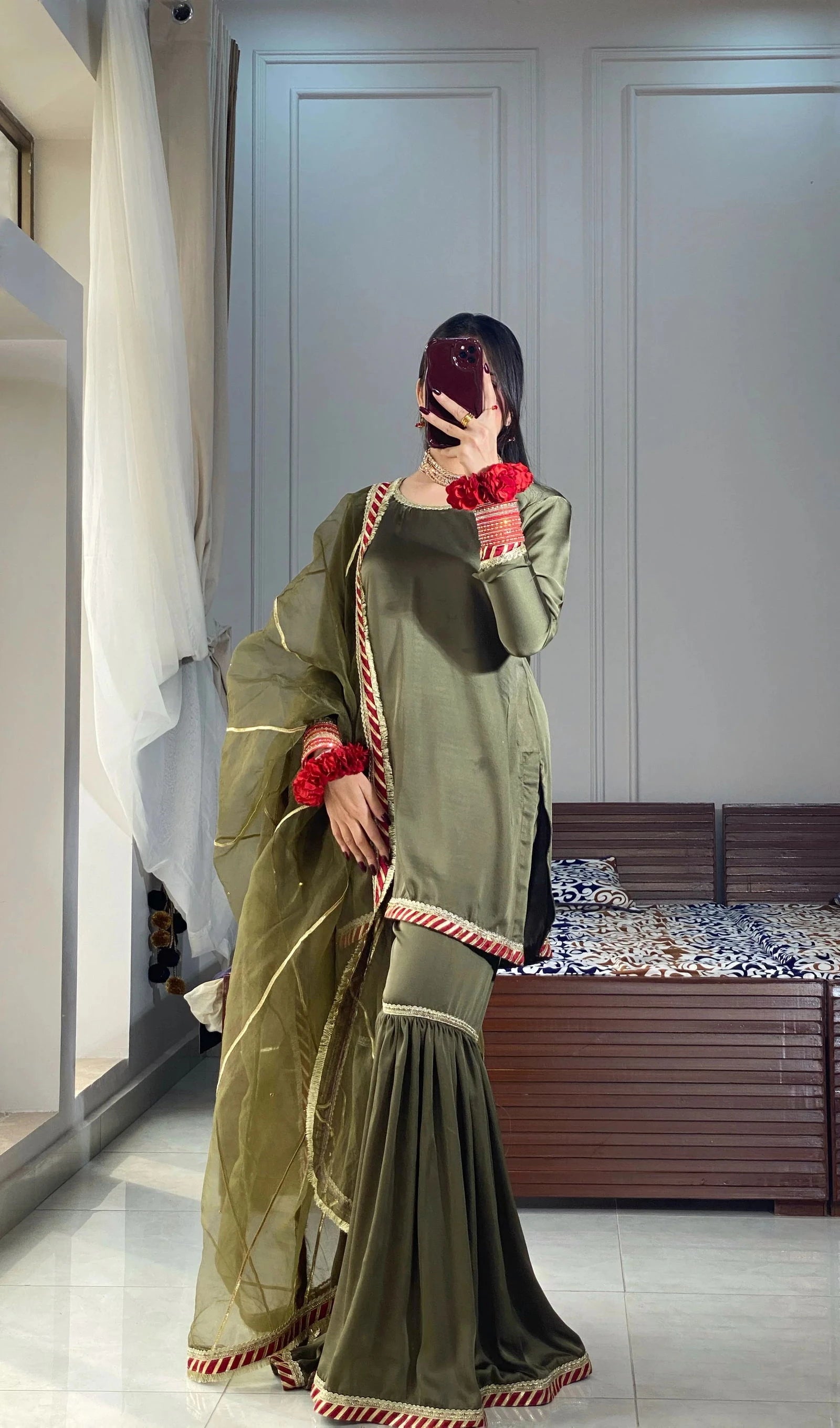 Olive Green Gharara - Mataish