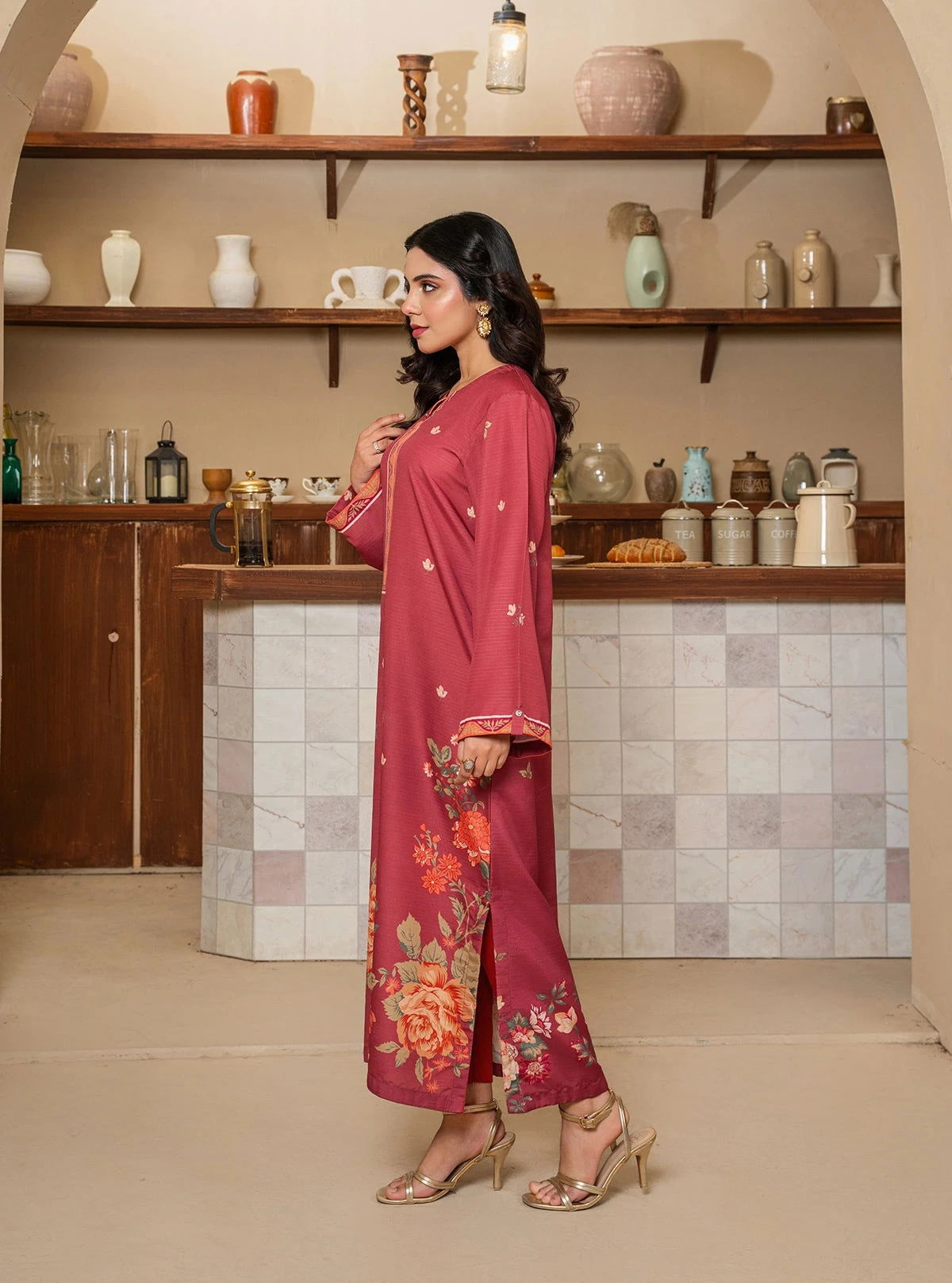 Red Floral Long Shirt - Mataish