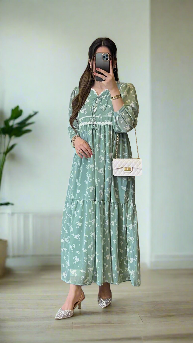Sage Mist Floral Frock - Mataish