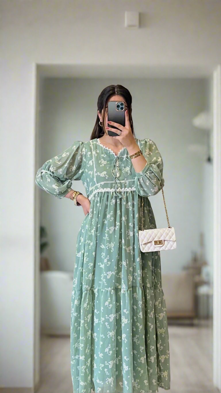Sage Mist Floral Frock - Mataish