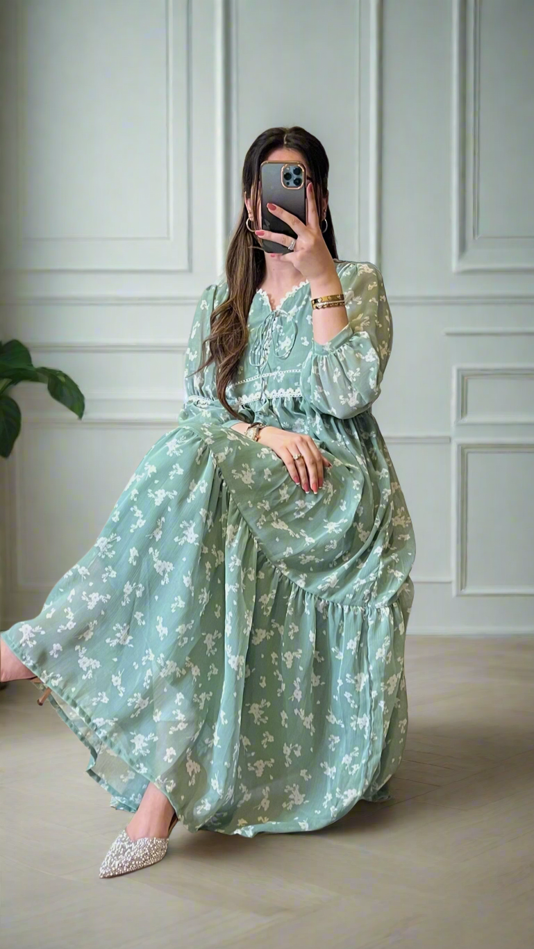 Sage Mist Floral Frock - Mataish