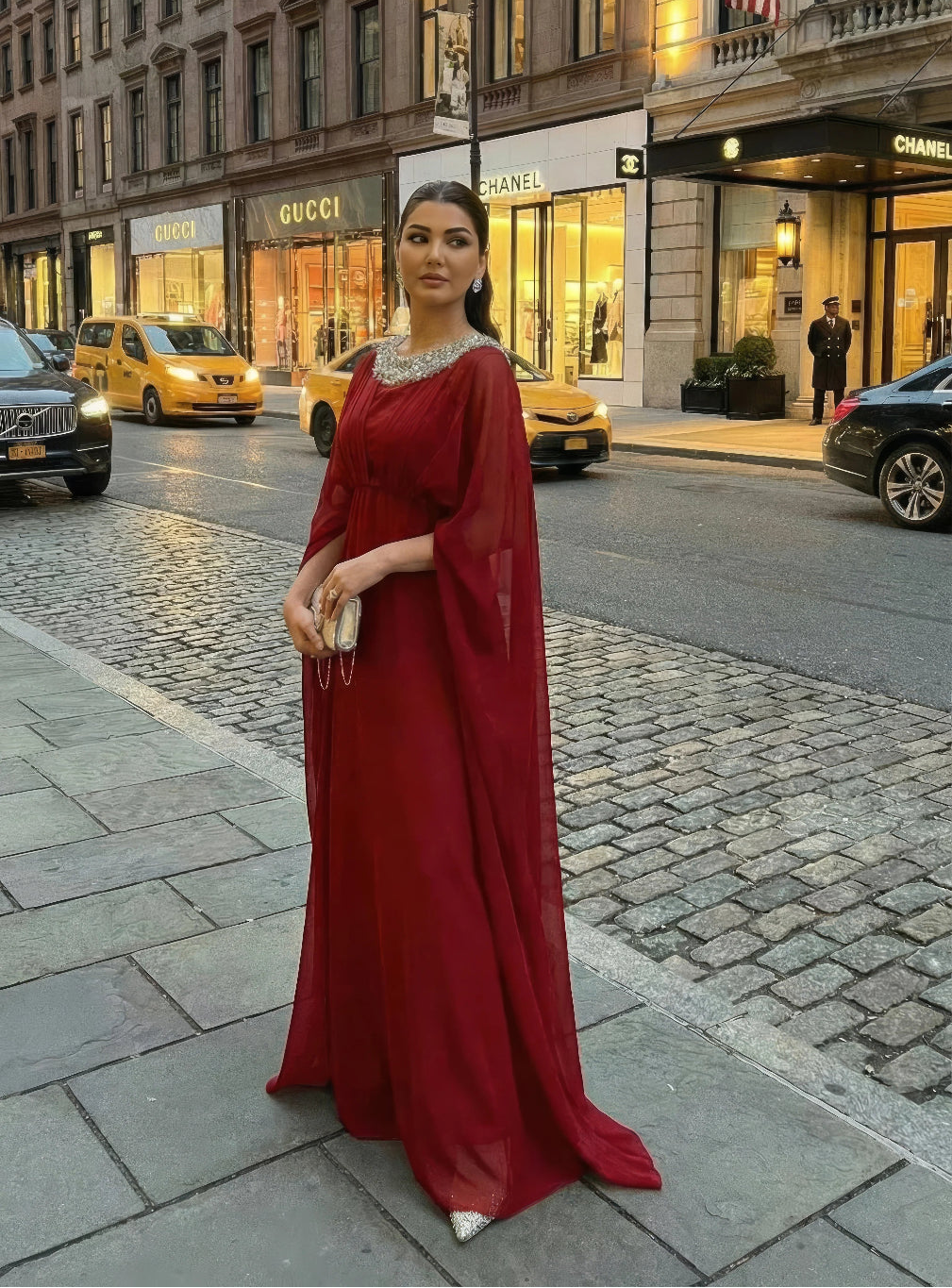 Hot Red Cape Sleeve Maxi Dress