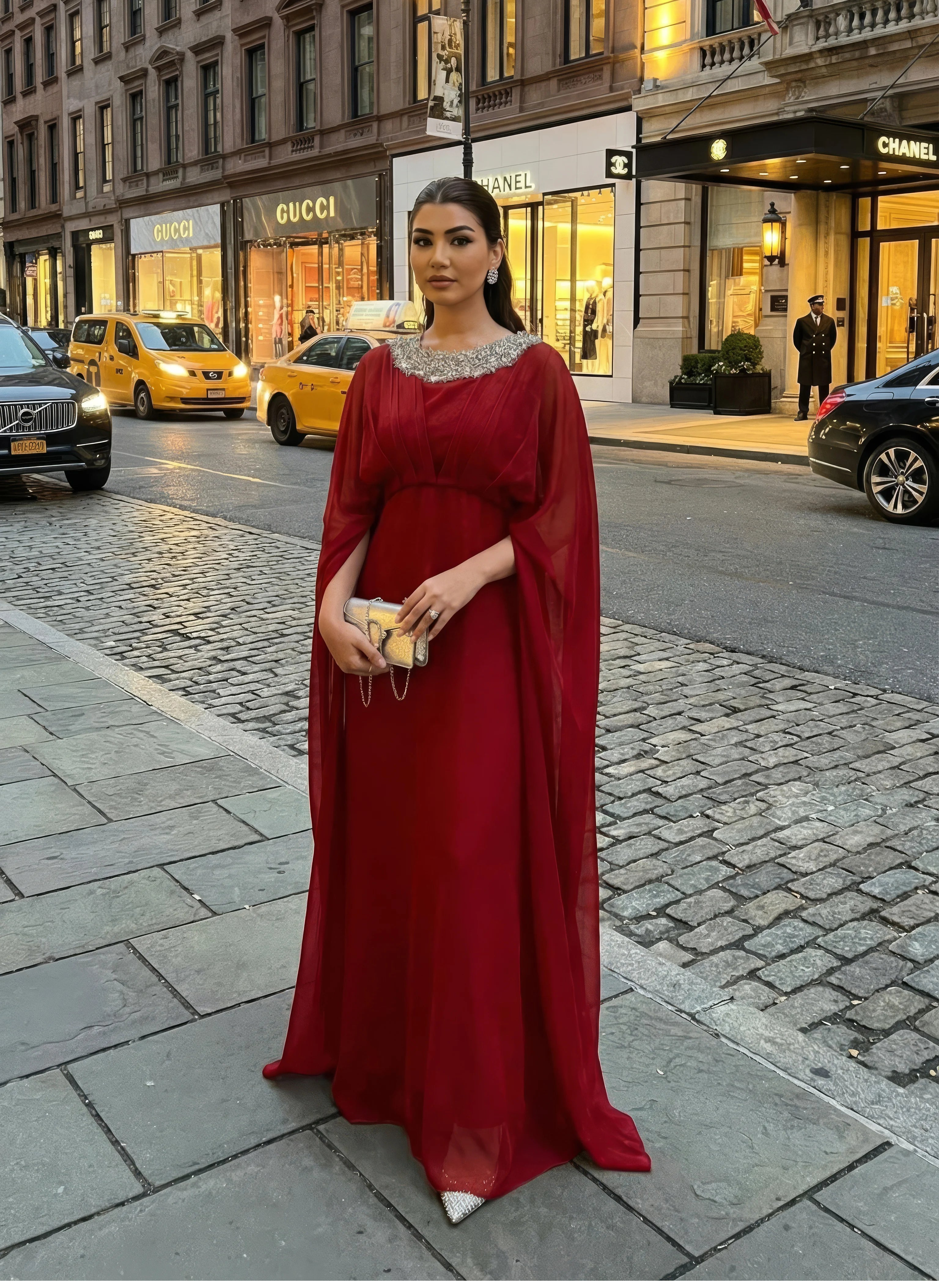 Hot Red Cape Sleeve Maxi Dress