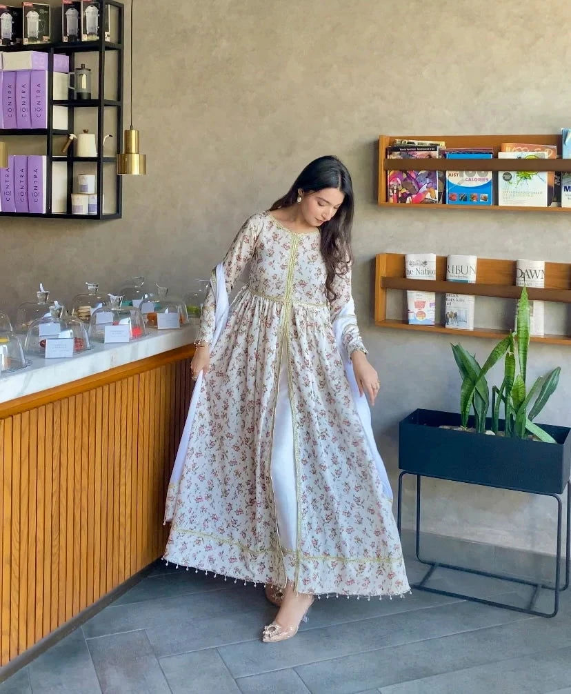 White Floral Anarkali - Mataish