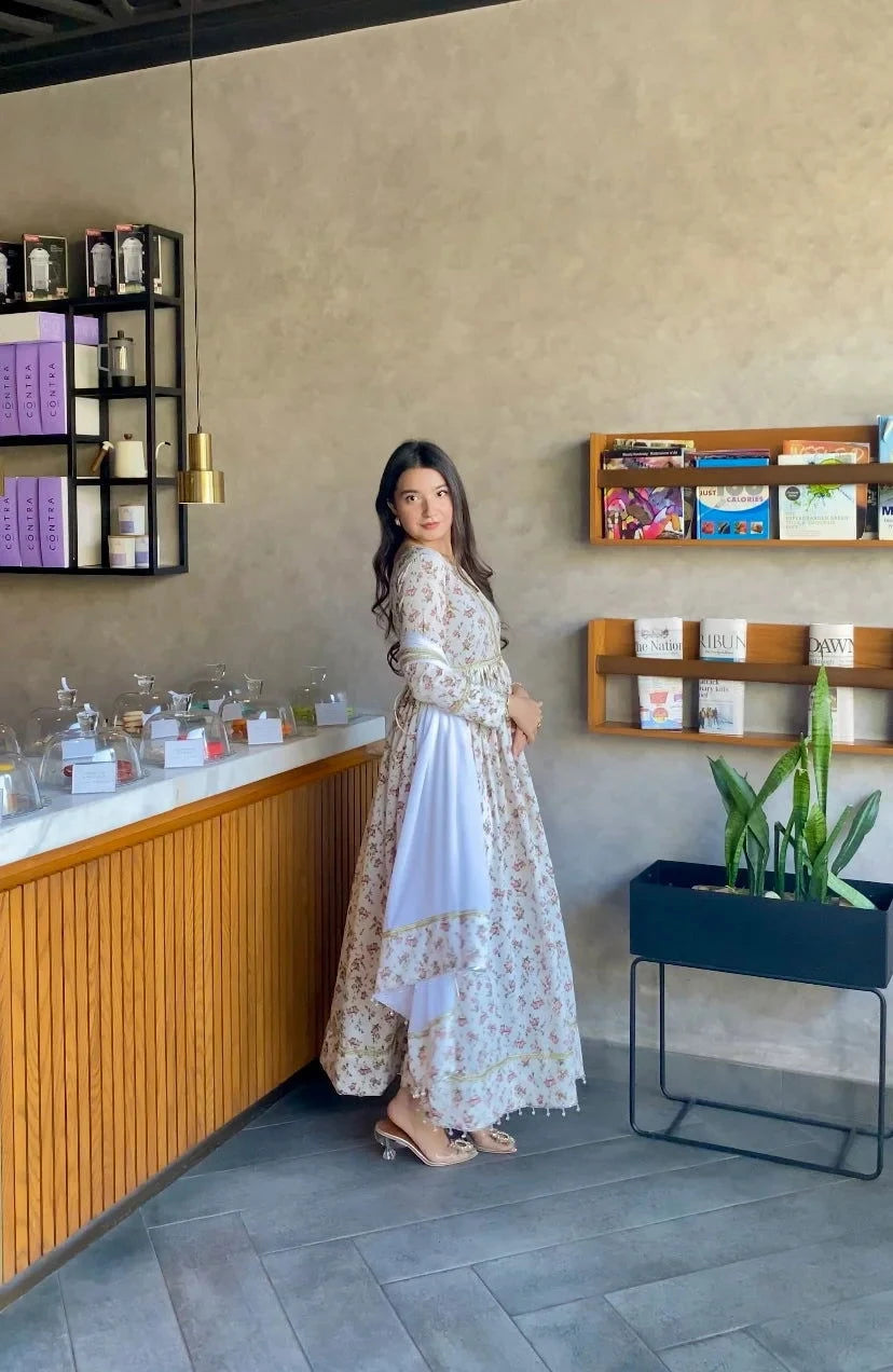 White Floral Anarkali - Mataish