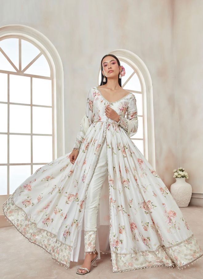 White Floral Pant Style Anarkali. - Mataish