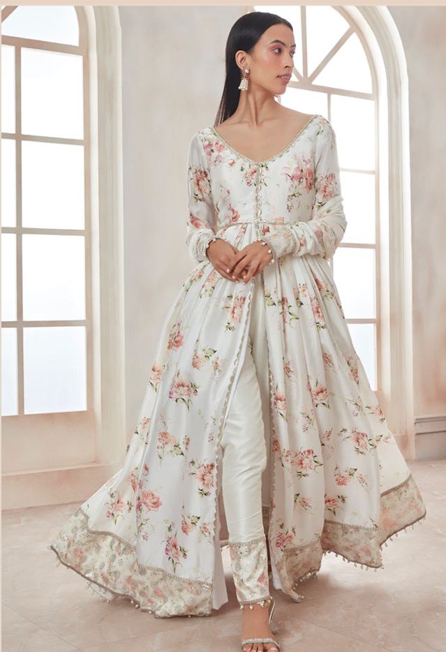 White Floral Pant Style Anarkali. - Mataish