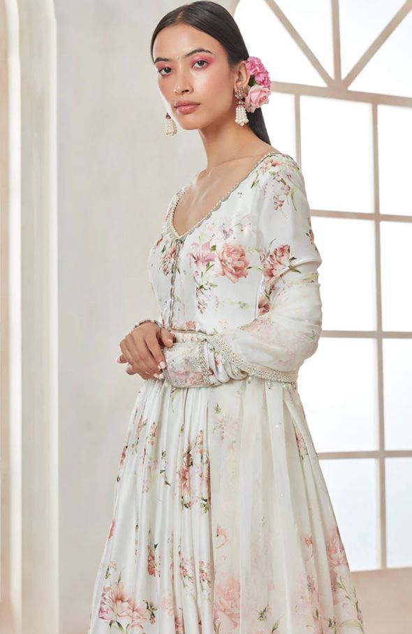 White Floral Pant Style Anarkali. - Mataish