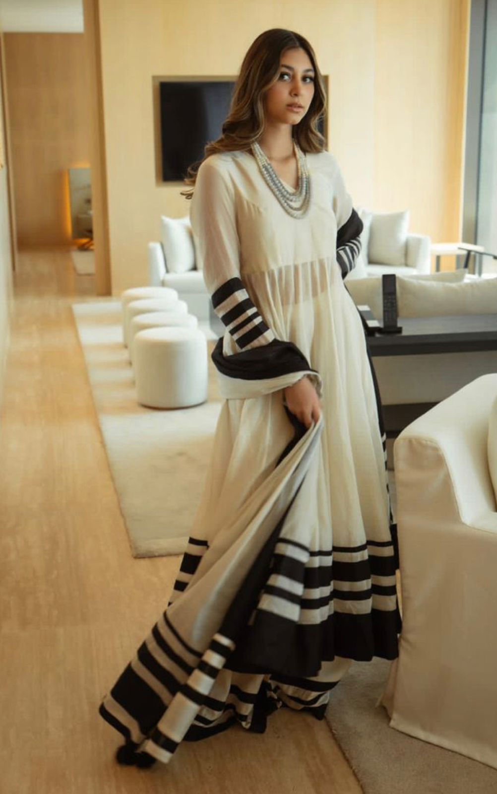 White Strip Anarkali - Mataish