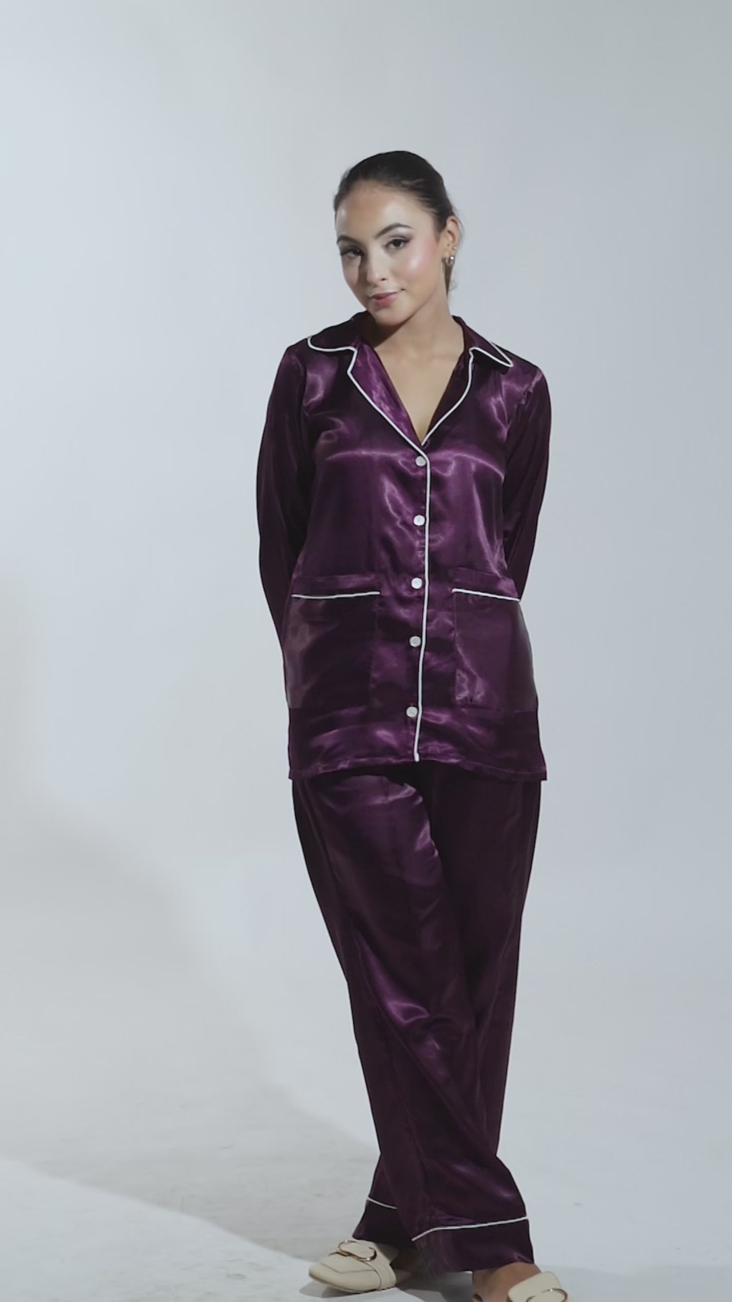Plum Two Piece Satin Nightwear