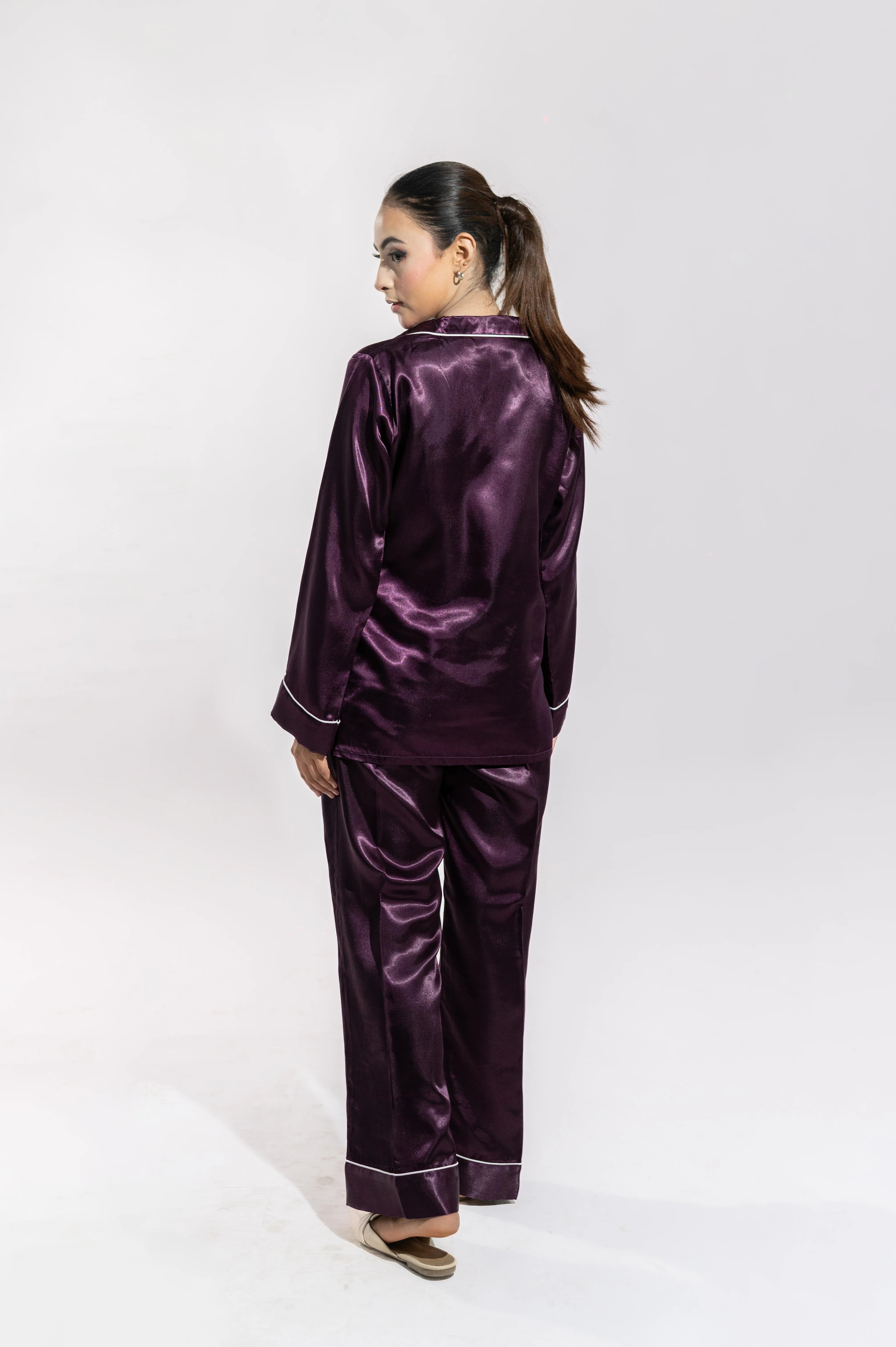 Plum Two Piece Satin Nightwear