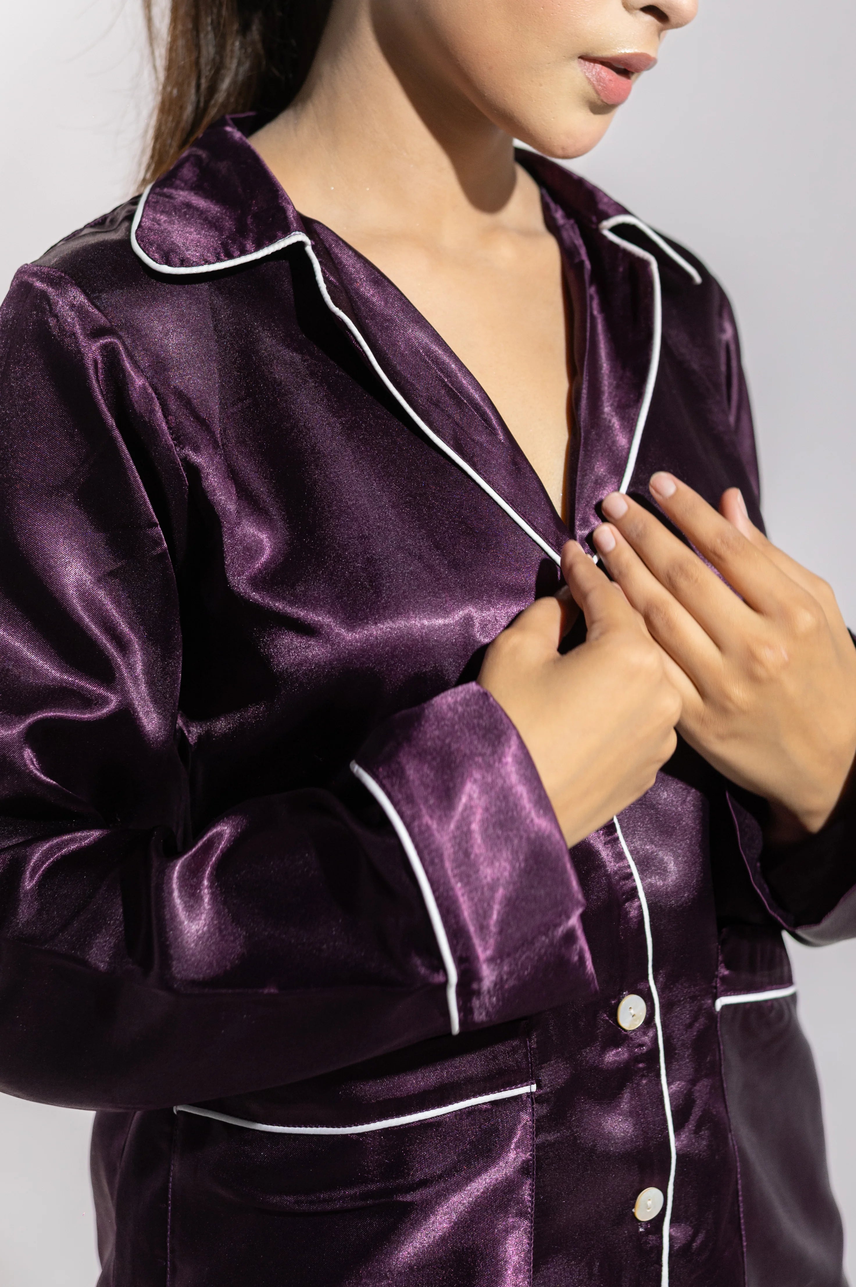 Plum Two Piece Satin Nightwear