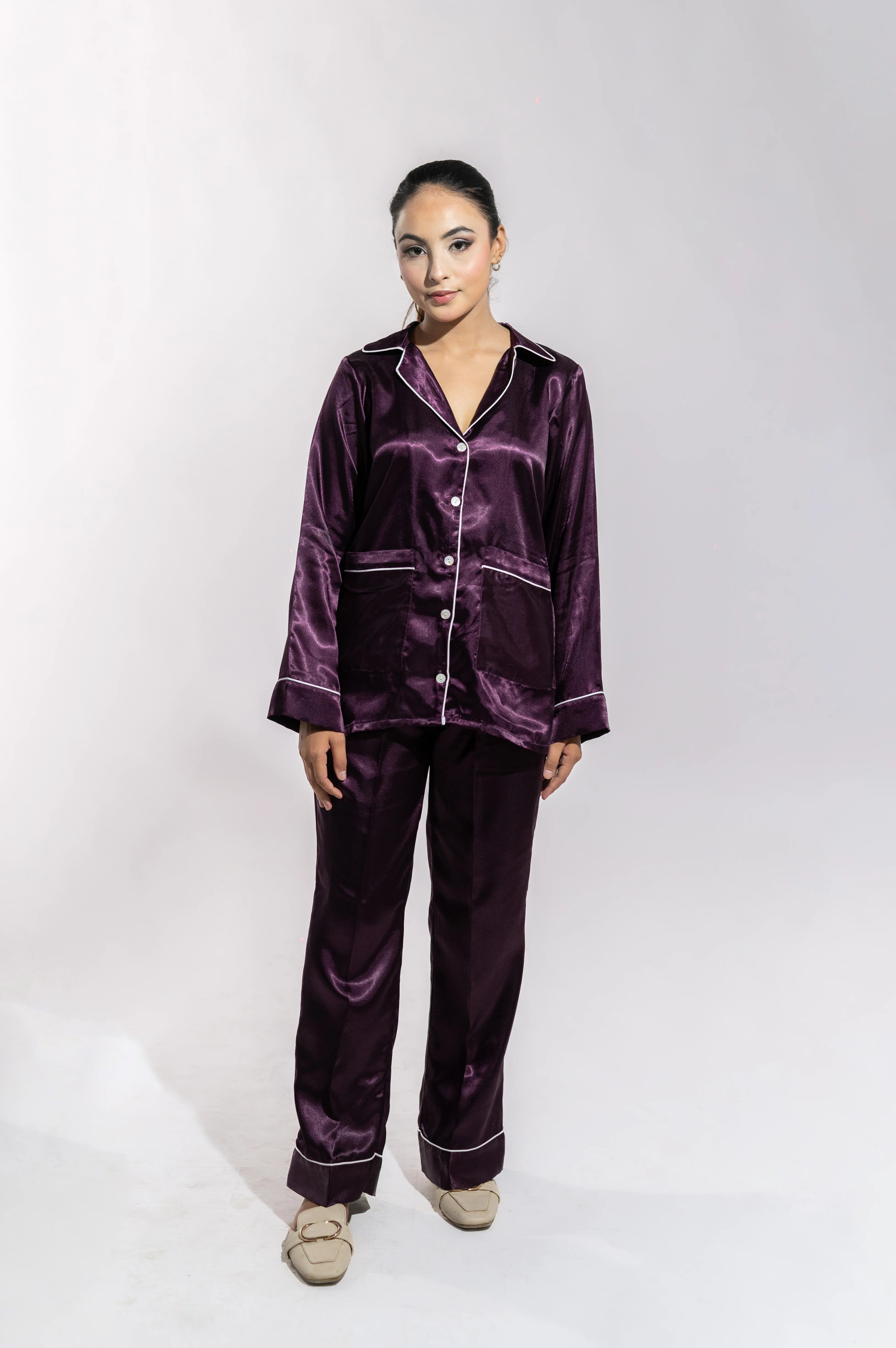 Plum Two Piece Satin Nightwear
