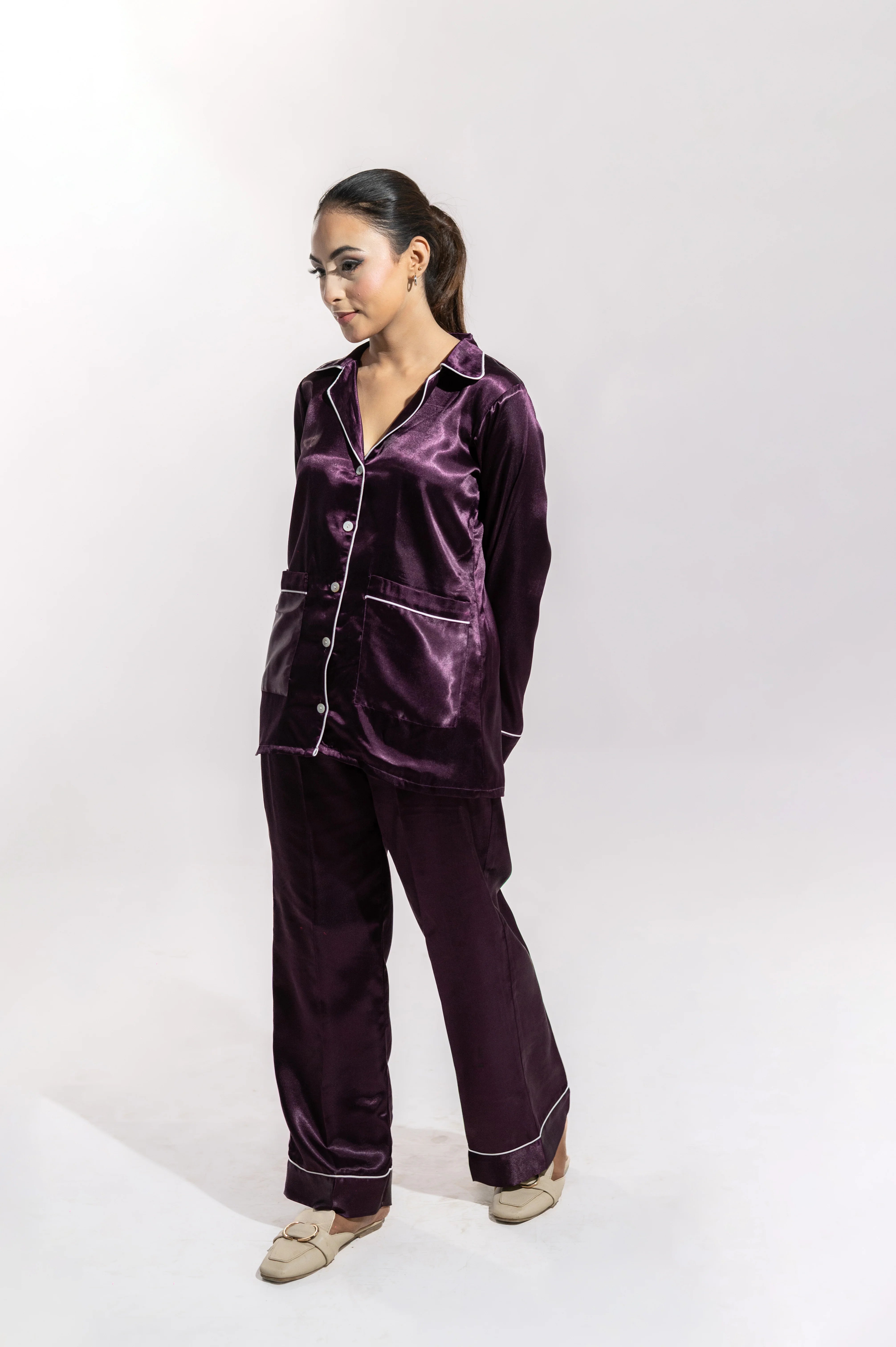 Plum Two Piece Satin Nightwear